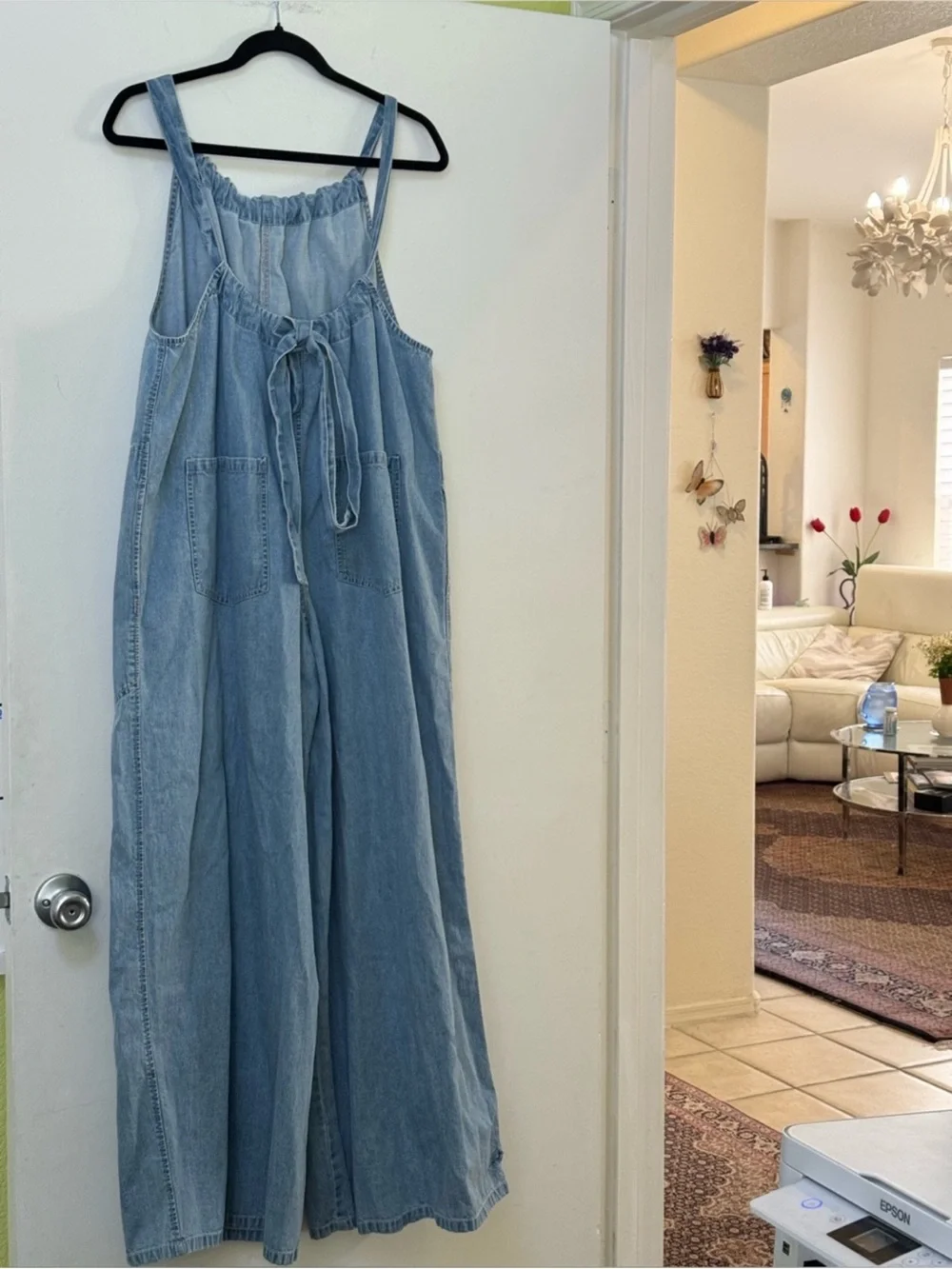 Free People Light Blue Wide-Leg Denim Jumpsuit